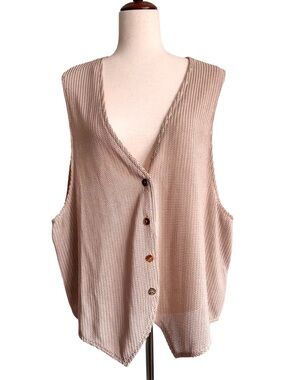Miz California 90’s Vintage Oversized Open Knit Button-Front Vest Beige Taupe L